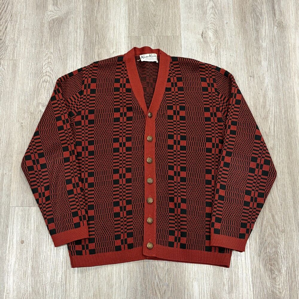 RARE Vintage 50s 60s New Worsted Wool Geometric Patterned Cardigan Men's Size L